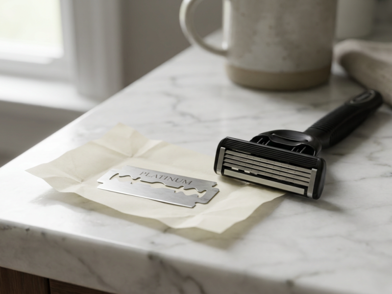 Replacement razor blades: a wrapped double edge blade beside a five-blade cartridge refill on a marble counter