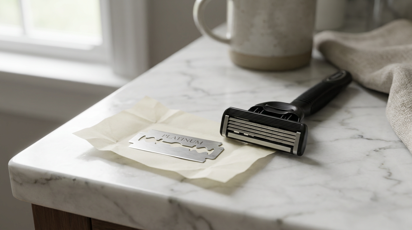 Replacement razor blades: a wrapped double edge blade beside a five-blade cartridge refill on a marble counter