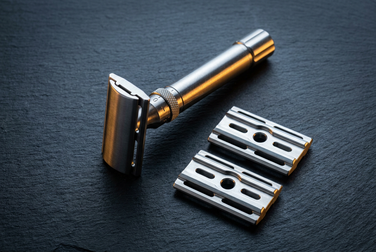 Adjustable stainless safety razor with two swappable baseplates on dark slate