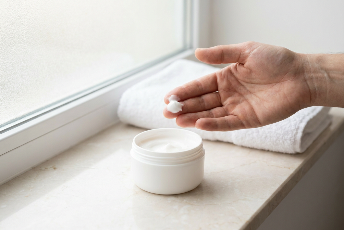 Fingertip with a dab of sensitive skin post shave balm above an open tub on a marble shelf