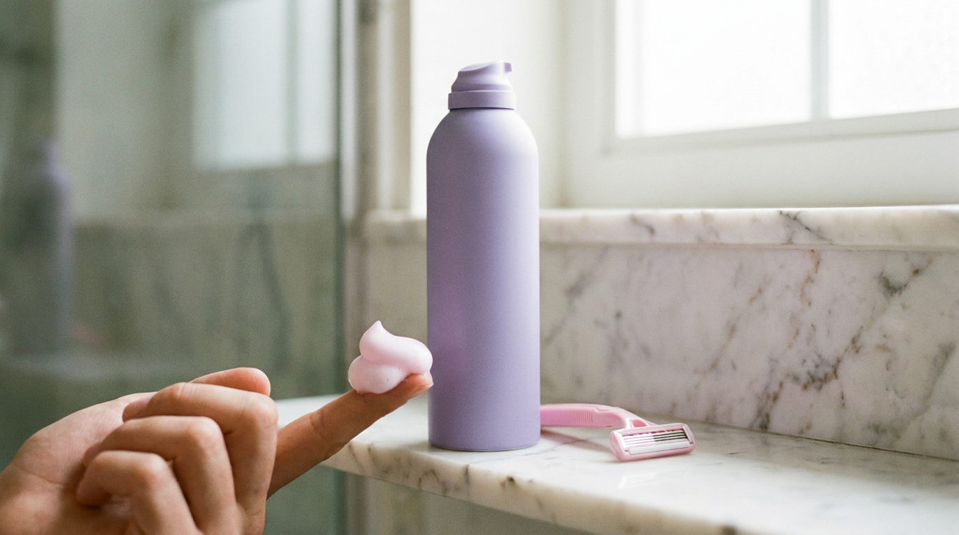 Skintimate shave gel lavender aerosol can with foam and a pink razor on a bathroom shelf