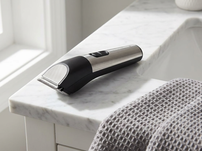 Wahl trimmer style cordless T-blade trimmer on a bathroom sink for neckline and edge work