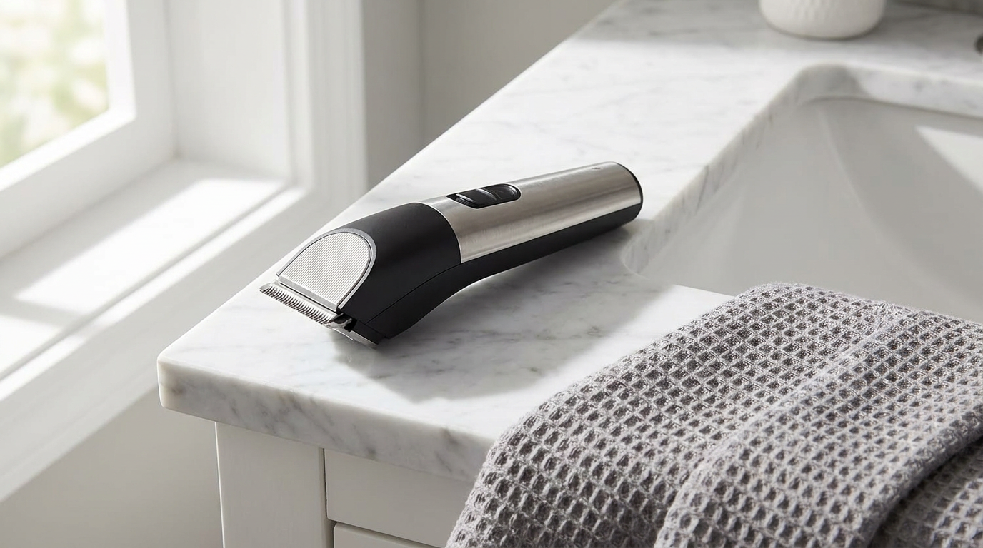 Wahl trimmer style cordless T-blade trimmer on a bathroom sink for neckline and edge work