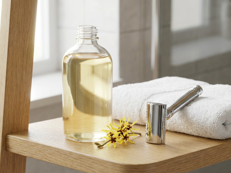 Witch hazel aftershave in a clear glass bottle beside a safety razor, towel and witch hazel flowers